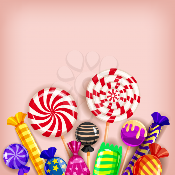 Template different sweets colorful background. Set lollipops, candies dragee, peppermint, macarons, chocolate caramel