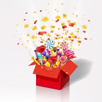 Christmas sweet gift box. Explosion of paper confetti. Open 3d-red box with yum, candy, jelly, sweets
