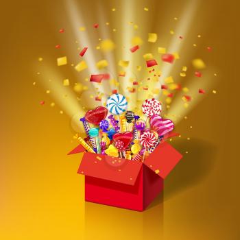 Christmas sweet gift box. Open 3d-red box with yum, candy, jelly, sweets. Blast of paper confetti