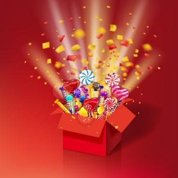 Christmas sweet gift box. Open 3d-red box with yum, candy, jelly, sweets. Blast of paper confetti