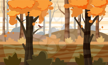 Autumn landscape trees and fall leaves, vector illustration, cartoon style