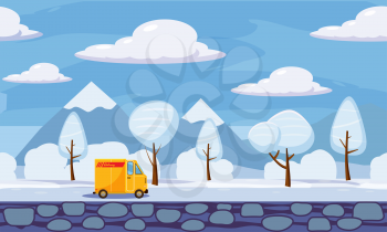Winter landscape trees and snow, track, similar, vector illustration, cartoon style
