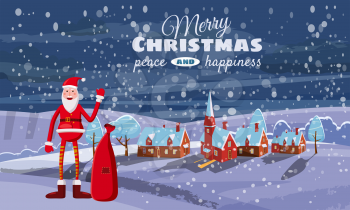 background with viilage scy and the character of Santa Claus. concept for greeting or postal card, vector