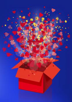 Open explosion red gift box fly hearts and confetti Happy Valentine s day