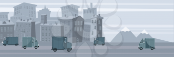 Delivery van, on city background. Product goods shipping transport