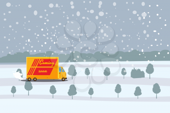 Delivery truck rides on the snow-covered road, concept, fast and convenient delivery of cargo and parcels. Product goods shipping transport.