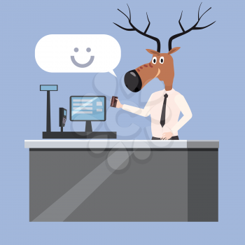 Man at the checkout with deer he ad, irony, sarcasm, caricature, vector illustration cartoon style