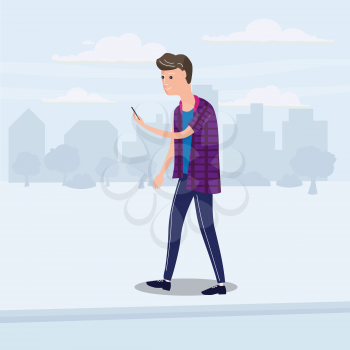 Teenager looking into smartphone on the go, background city, vector, illustration, cartoon style