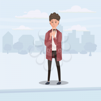 Teenager looking into smartphone on the go, background city, vector, illustration, cartoon style