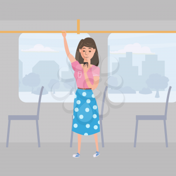 Girl teenager looks in smartphone in public transport, background city, vector, illustration, cartoon style