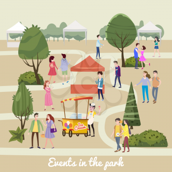 Modern flyer or poster template, Different various people characters, men and women in the park, outdoor festival with food trucks, walking people, buying and selling goods at park.