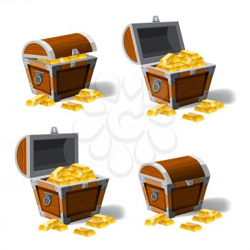 Set old chest full of gold bars, vector, cartoon style, illustration, isolated