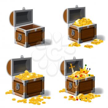 Set old pirate chests full of treasures, gold coins, ingots, jewelry, crown, dagger, vector, cartoon style illustration isolated