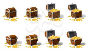 Set old pirate chests full of treasures, gold coins, vector, cartoon style illustration isolated
