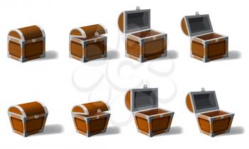 Set old pirate chests full of treasures, gold coins, vector, cartoon style illustration isolated