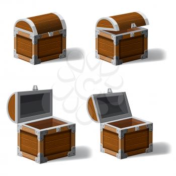 Opened and closed antique treasure chest with coins and diamonds, set icons, game and UI elements