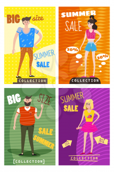 Set of sale cards of young men s and women s clothes, different sizes, discounts, new collection, big size, vector, illustration