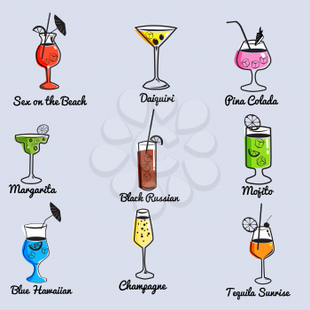 Tropical cocktails, juice, wine and champagne glass set. Vector hand drawn doodle illustration. Various isolated cocktail glass with beverages