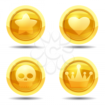 Set game coin with star, heart, scull, crown, game interface gold vector