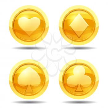 Set of game coins playing cards, clubs, peak, hearts, diamonds, game interface gold vector
