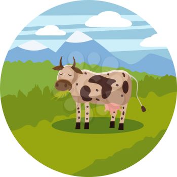 Cute cartoon cow on background landscape illustration, vecto