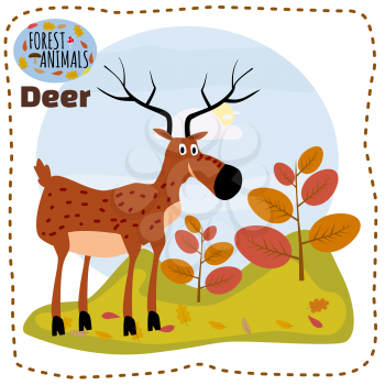 Cute cartoon deer on background landscape forest illustration, vector
