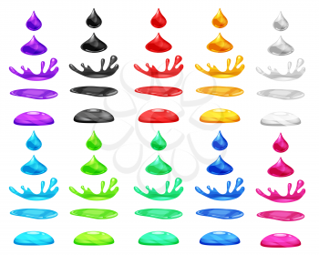 Set drop of liquid, water falls and makes a splash, different colour
