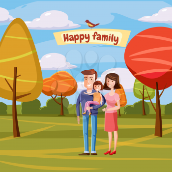 Young family with toddler walking in the park outdoors, landscape retro cartoon