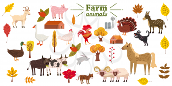 Big set of farm animals, pig, rabbit, cow, bull, cat, dog goose duck turkey donkey goat sheep ram