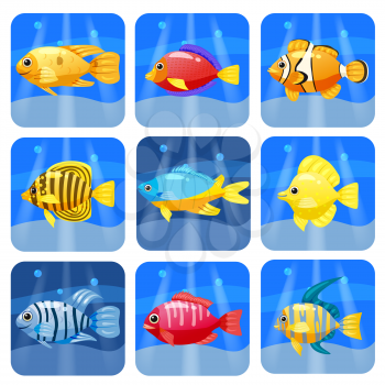 Cartoon trendy colorful reef animals big set. Fishes, mammal, crustaceans.Dolphin and shark, octopus, crab, starfish jellyfish
