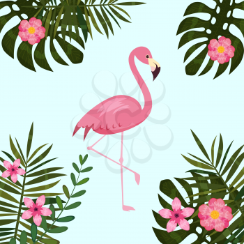 Tropical Flowers and Flamingo Summer Banner, Graphic Background, Exotic Floral Invitation, Flyer or Card.