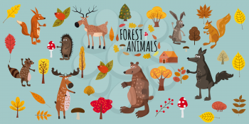 Set of cute forest animals bear, raccoon, squirrel, hare, fox, wolf, hedgehog, moose deer autumn leaves trees