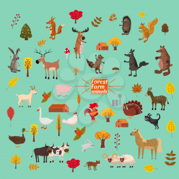 Set of cute and cute farm and forest animals, fox, bear, wolf, pig, rabbit, cat raccoon