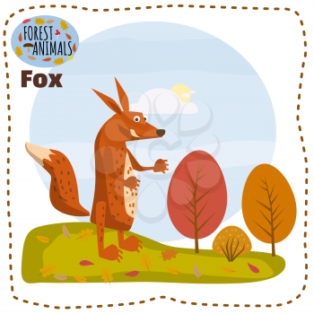 Cute cartoon fox on background landscape forest illustration, vector