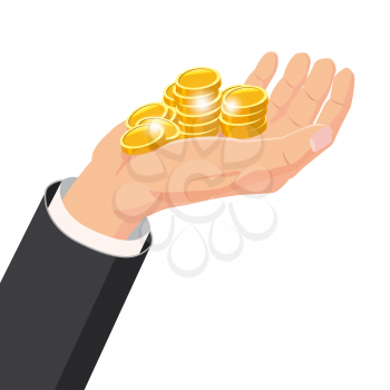 The hand that holds the gold coins, gift. Cartoon style