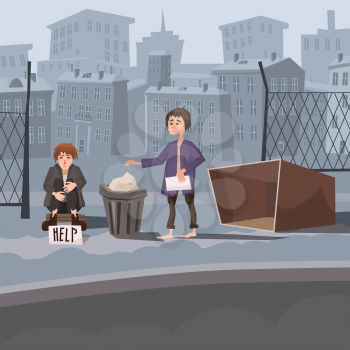 Homeless children asking for help, background cityscape, vector illustration