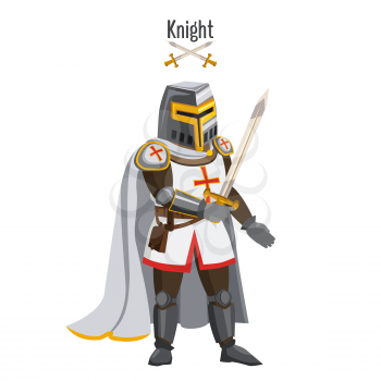 Medieval knight in armor, warroir, with a sword in his hand, cloak, helmet, attributes