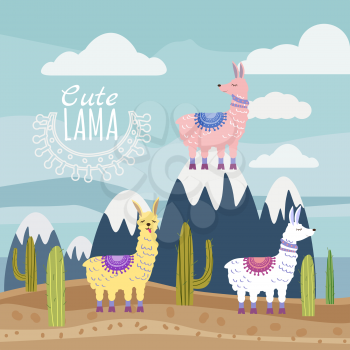 Set of Cute vector alpaca and cactus elements. Editable vector illustration
