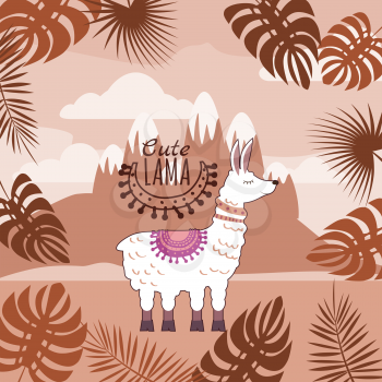 Set of cute Lamas, floral ornament, background, mountain landscape