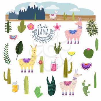 Set Lama Alpaca cacti drinks and decorative. Collection funny elements for decoration