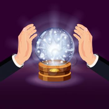 Magic crystal ball shining, open hands, magic, predictions, sphere light effects