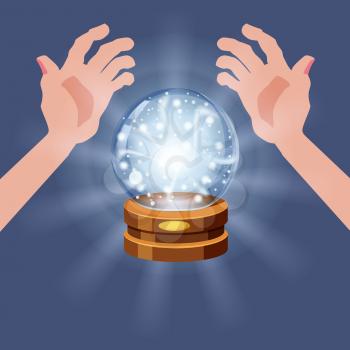 Magic crystal ball shining, open hands, magic, predictions, sphere light effects