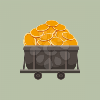 Trolley full of gold coins. Mine tool. Business concept, symbol economy, successful finance