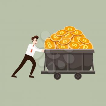 Cryptocurrency concept with businessman miner and coins. Businessman pulls a cart full of cash bitcoin mine