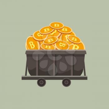 Cryptocurrency concept with a cart with full crypto currency. Cartoon style