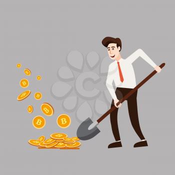 Cryptocurrency concept with businessman miner and coins. Young man with shovel working in bitcoin mine