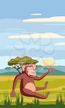 Cute cartoon monkey on background landscape savannah Africa illustration, vector