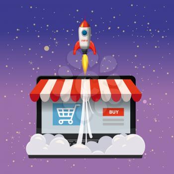 Open laptop with purchase screen, concept, launch of online store, launching rockets, vector