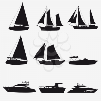 Super set icon of water carriage and maritime transport in modern cartoon design style. Ship, boat, vessel, cargo ship, cruise ship, yacht.