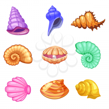 Colorful tropical shells underwater icon set frame of sea shells, cartoon style
